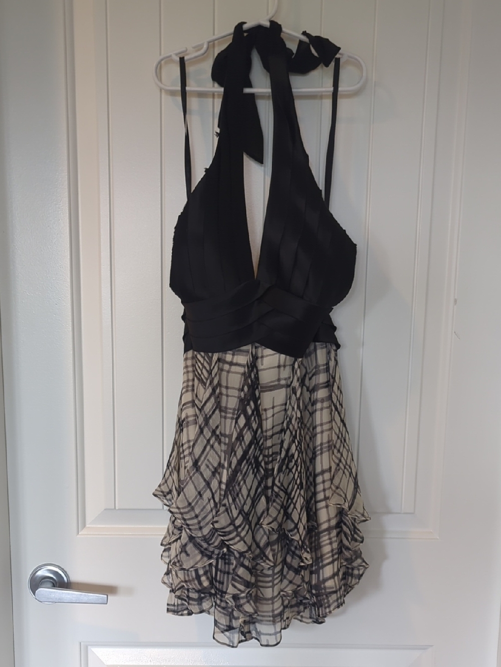 BCBGMaxAzria Black and Cream One-Shoulder Pleated Bodice Dress